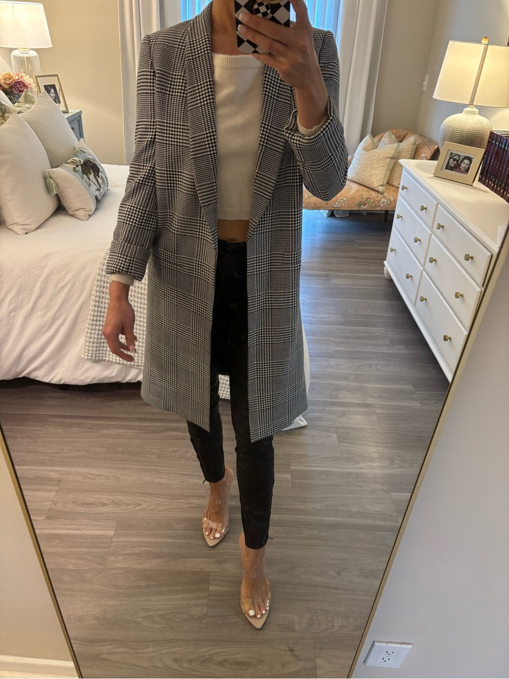 Alice + Olivia Black and White Glen Plaid Long Blazer